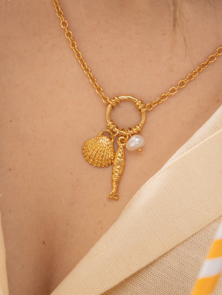 COLLAR PERLA CONCHA+ARETES BAÑO DE ORO AVEMARÍA