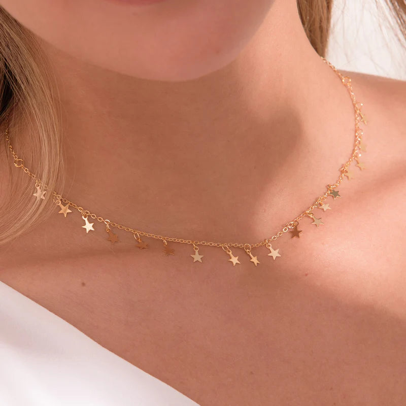 CHOKER ESTRELLAS+ARETES BAÑO DE ORO AVEMARÍA