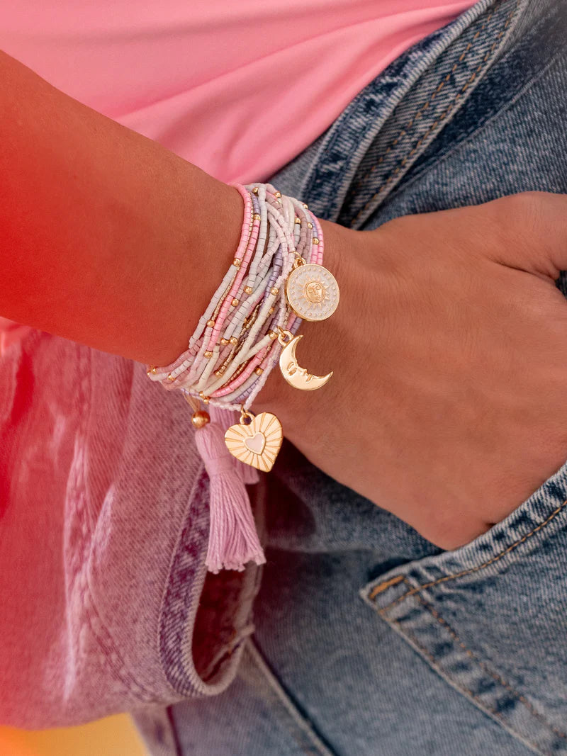 PULSERA BORLAS CON DIJES ALMA+ARETES GOLD BAÑO DE ORO AVEMARIA